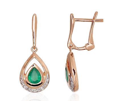 Sarkanā zelta auskari ar briljantiem un smaragdiem